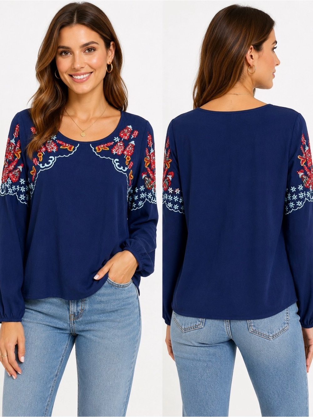 Everly Rose Blue Floral Embroidered Long Sleeve Blouse Size L